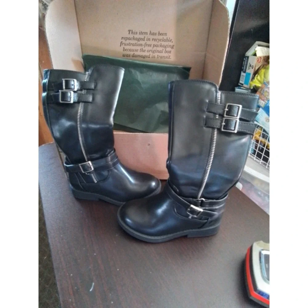 Dream Pairs Kids Black Moto Boots Buckle Detail Size 10‎ Mid Calf Side Zip